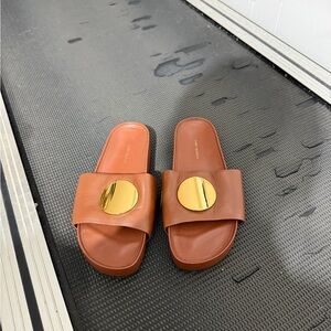 Tory Burch Brown Slide Sandals with Gold Disc Accent Size 8 1/2